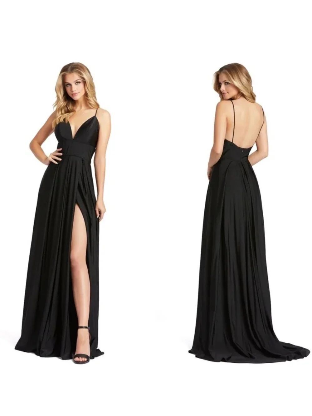 Mac Duggal 26165 Plunge Neck High Slit Black Gown Dress Size 2